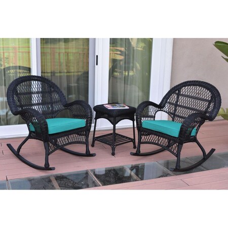 Jeco W00211-2-RCES032 Santa Maria Black Rocker Wicker Chair Set - Turquoise Cushions - 3 Piece W00211_2-RCES032